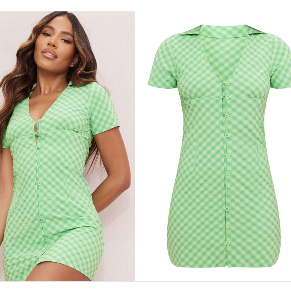 PrettyLittleThing Green Check Print Button Down Polo Bodycon Dress Size 10